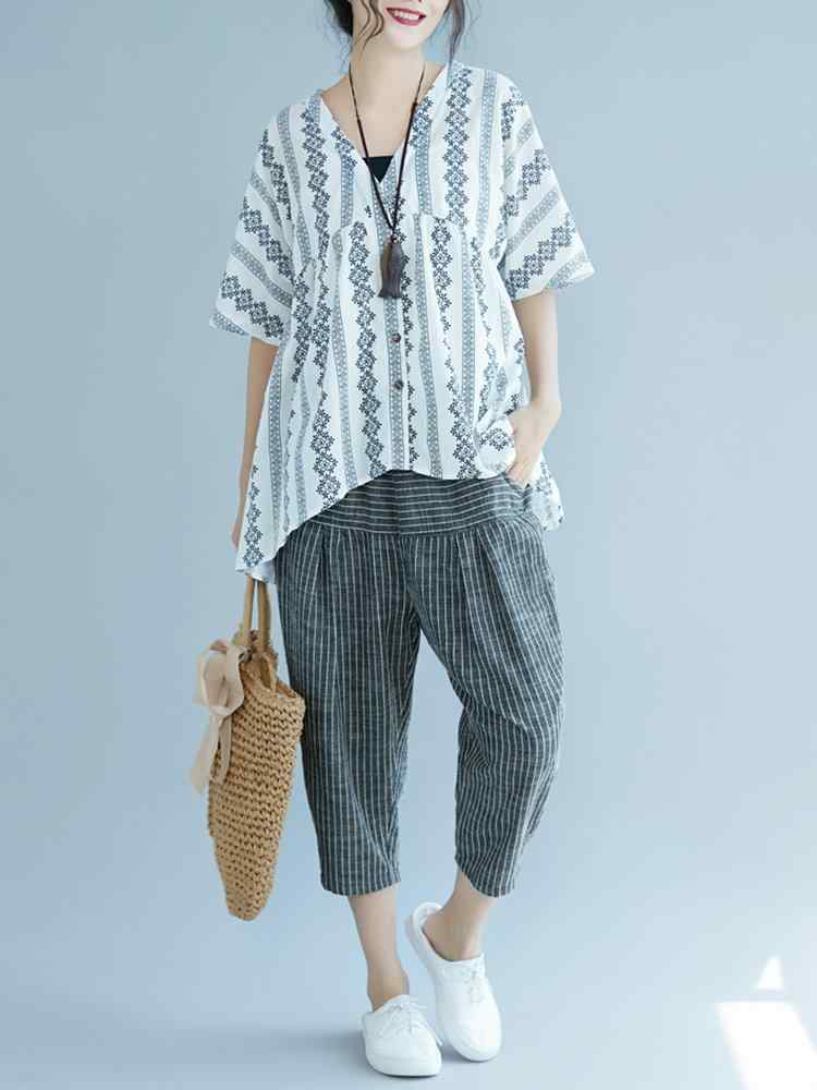 Elastic Waist Stripe Casual Harem Pants With Pockets