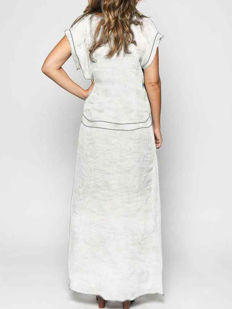 Vintage V Neck Short Sleeve Side Slit Maxi Dress
