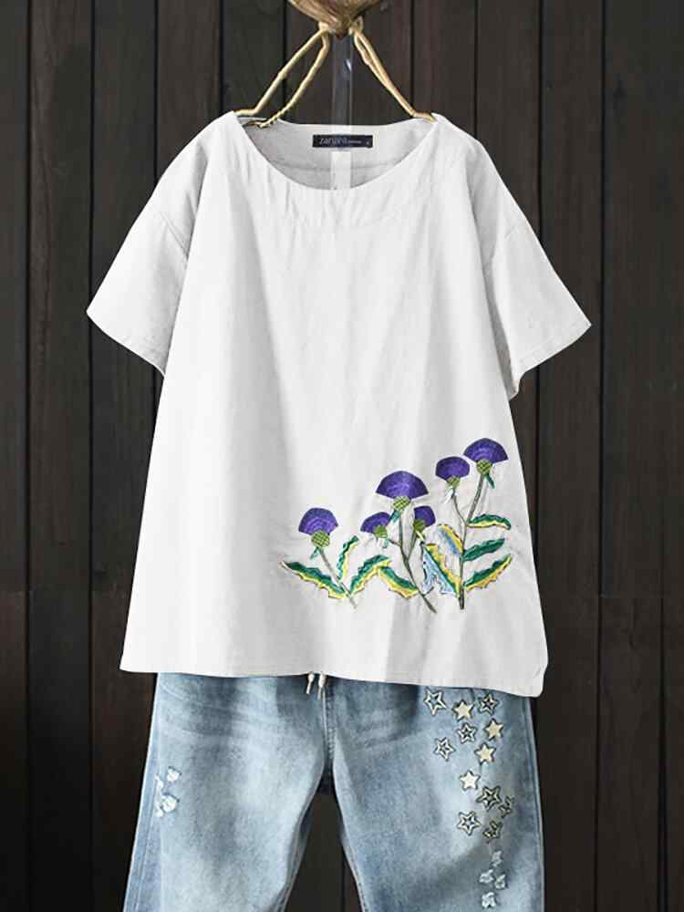 Women Embroidery Short Sleeve Crew Neck Causal T-Shirt