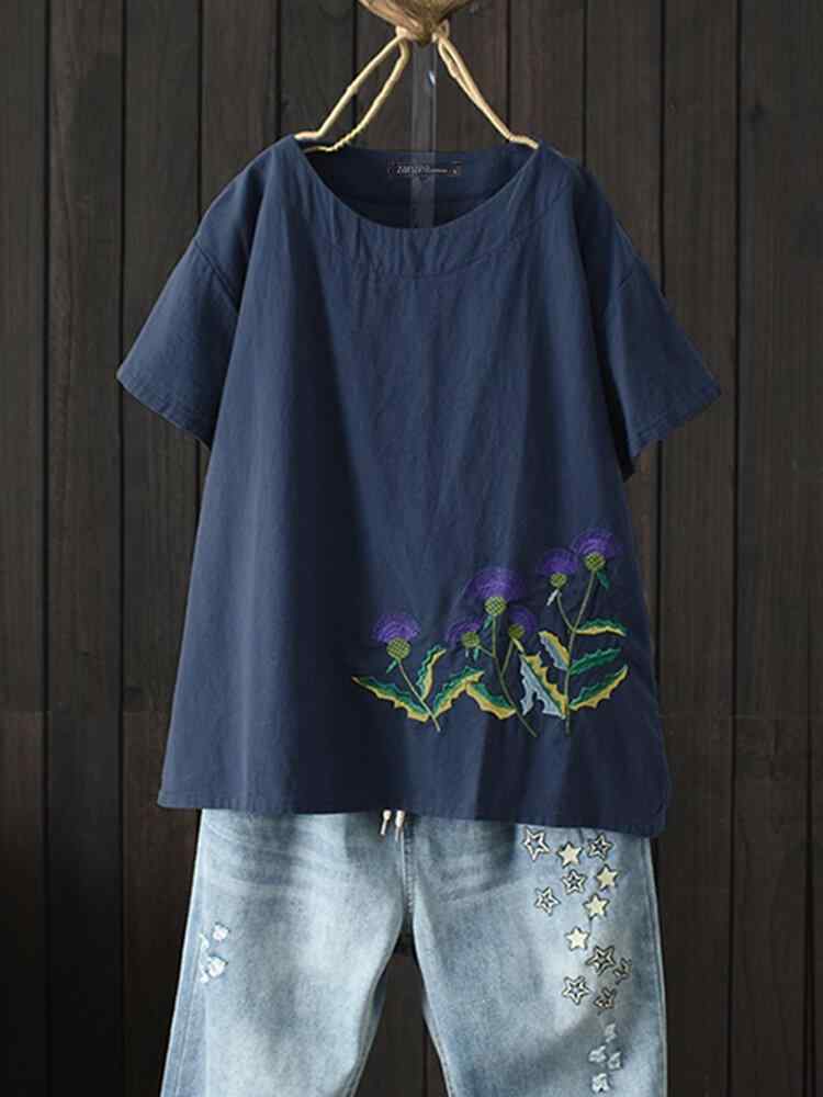 Women Embroidery Short Sleeve Crew Neck Causal T-Shirt