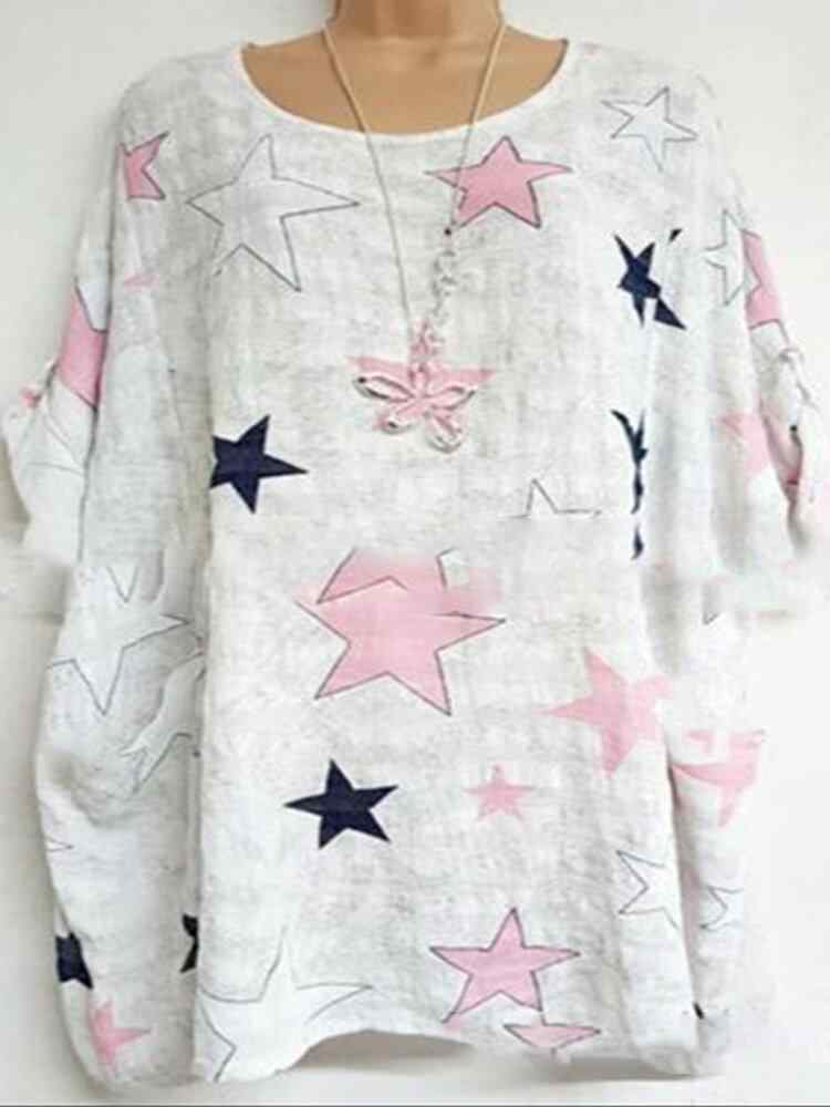 Star-shaped Printed Short Sleeve O-neck T-Shirt For Women