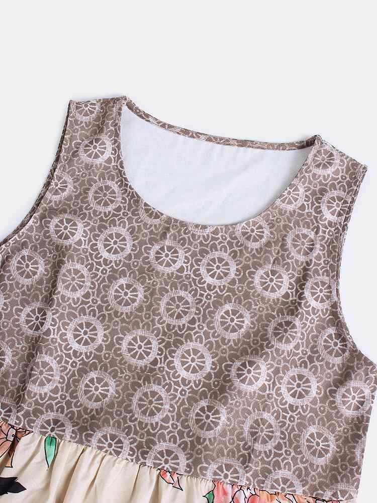 Vintage Floral Printed O-neck Sleeveless Maxi Dress