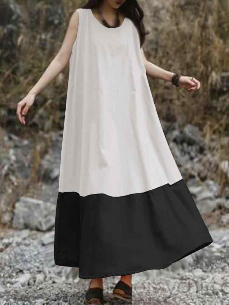 Vintage Solid Color Block Sleeveless Maxi Dress