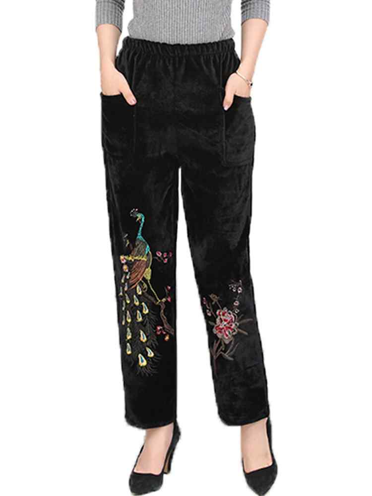 Velvet Embroidered Elastic Waist Trousers