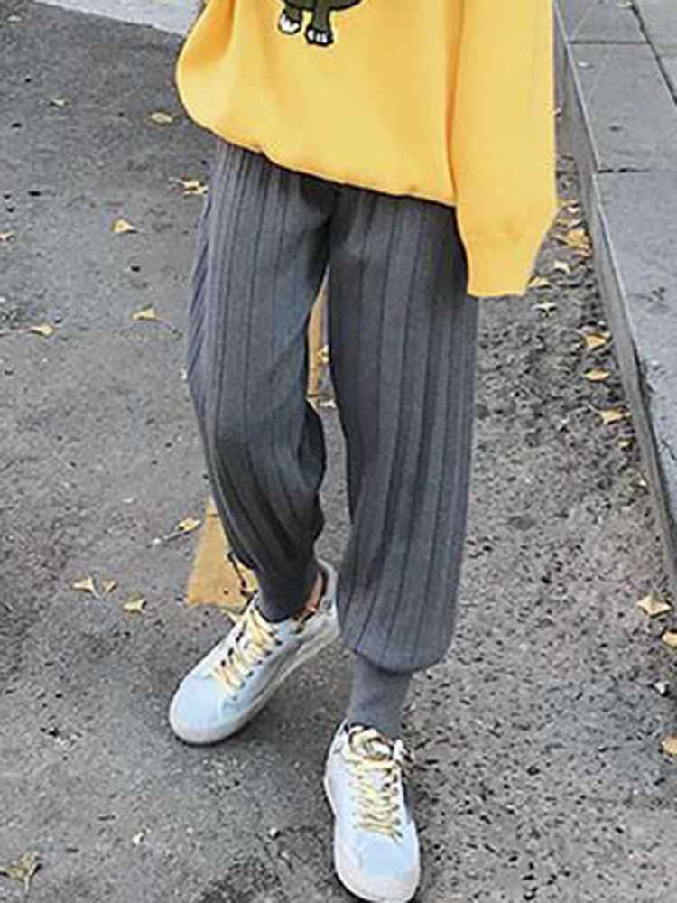 Women Elegant Knit Pleated Solid Color Elastic Waist Harem Pants