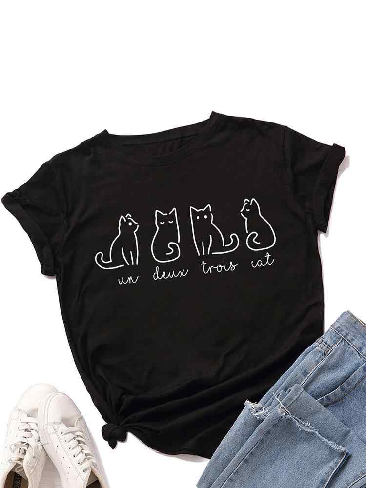 Cartoon Cat Letters Printed Short Sleeve O-neck T-shirt For Women