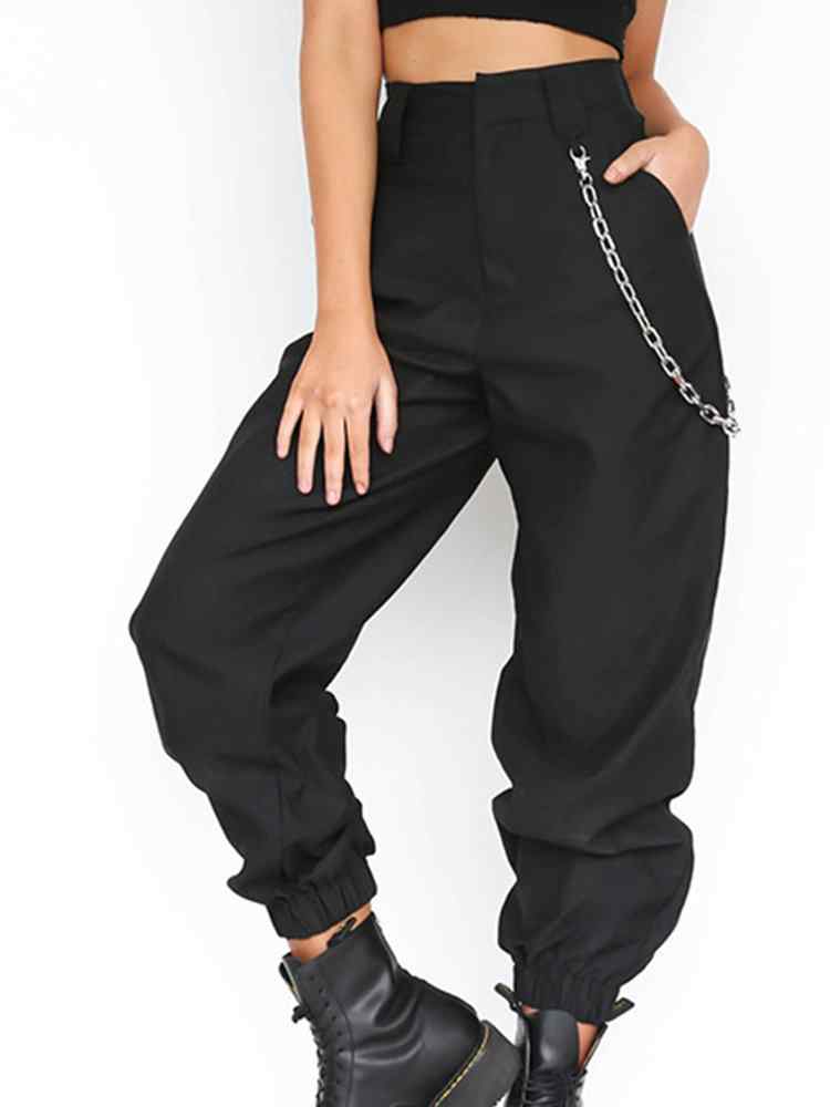 Casual Pure Color High Waist Women Pants With Chain