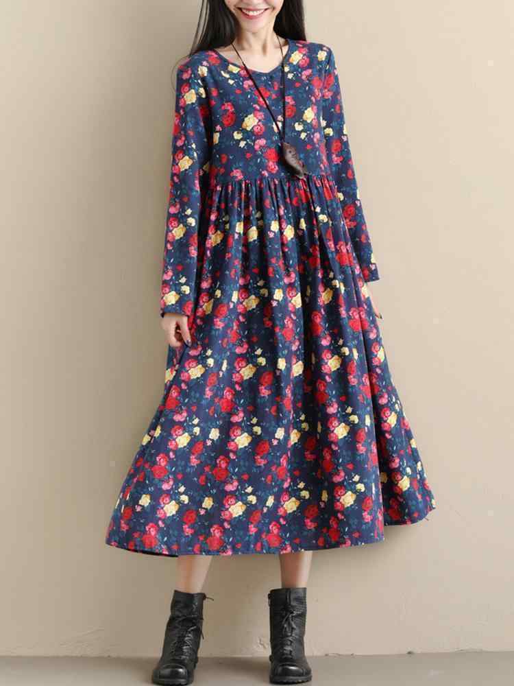 Pockets Floral Print Loose Long Sleeve Pleated Vintage Dress