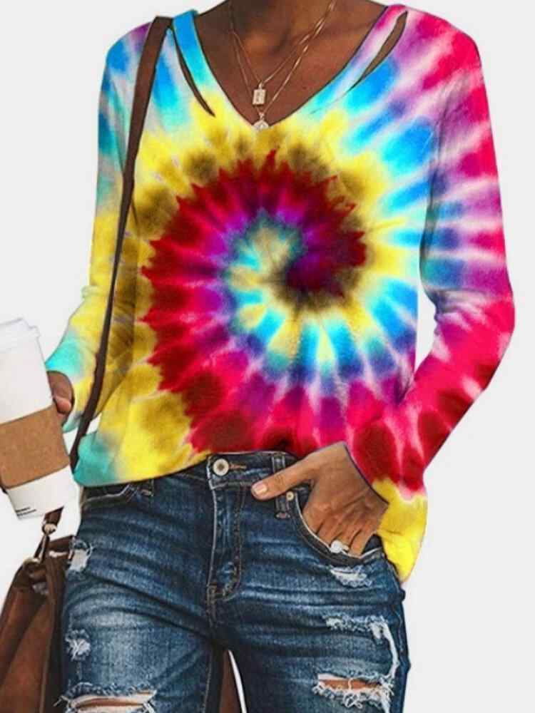Tie-dye V-neck Casual Long Sleeve T-Shirt