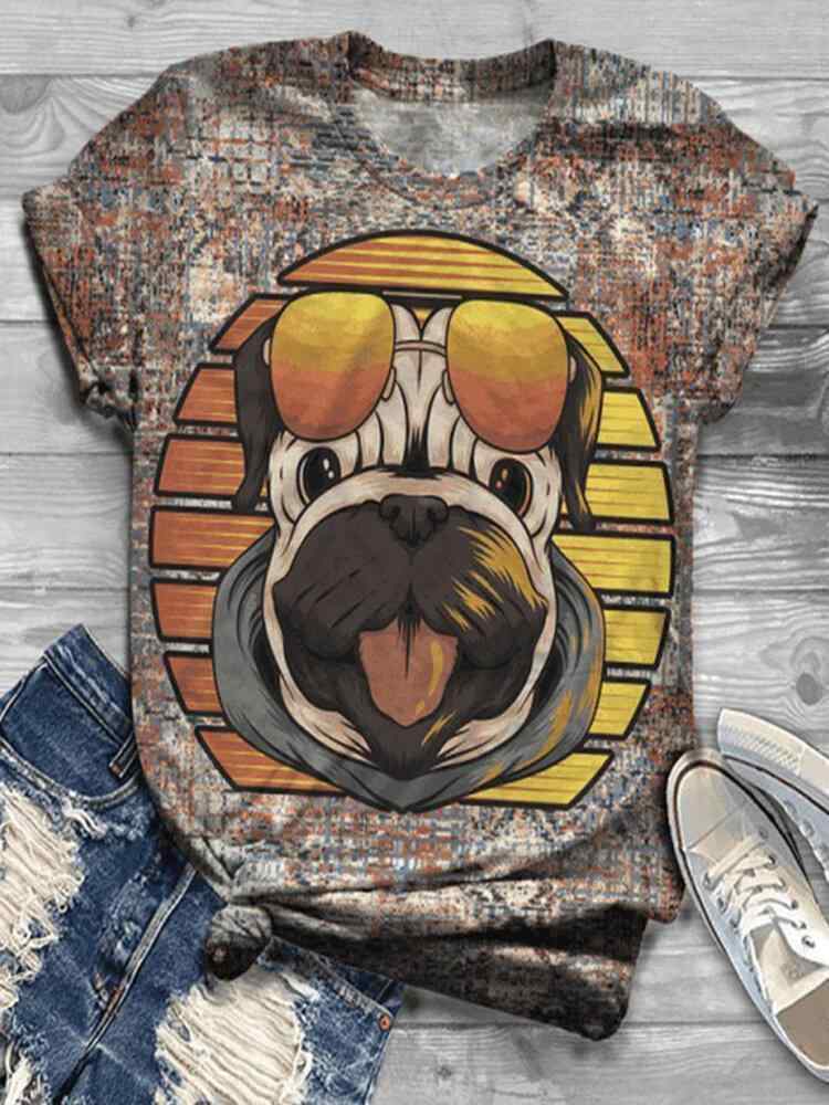 Cartoon Dog Printed O-neck Short Sleeve T-shirt