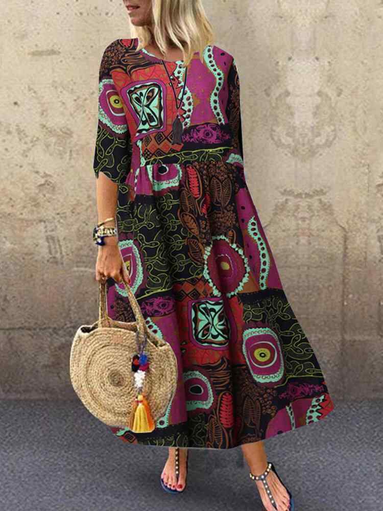 Vintage Multi-Coloerd Print O-neck Half Sleeve Loose Dress